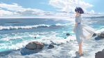  1girl bangs barefoot beach blue_eyes blue_hair blue_sky blunt_ends breasts building cevio clouds cloudy_sky da_tengzi day dress floating_hair from_side hair_tucking hairband highres horizon looking_afar medium_breasts ocean rock scenery short_hair short_sleeves sidelocks sky skyline smile solo sundress suzuki_tsudumi waves white_dress white_hairband wind wind_lift 