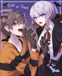  1boy 1girl :d ahoge animal animal_ears bangs bat_(animal) belt black_belt black_bow black_cape black_shirt bow breasts brown_gloves brown_hair cape collarbone collared_shirt cowboy_shot danganronpa:_trigger_happy_havoc danganronpa_(series) fang gloves hair_between_eyes hair_bow hands_up highres kemonomimi_mode kirigiri_kyouko large_breasts long_hair maem_(77lrik) naegi_makoto neck_ribbon open_mouth orange_shirt pink_eyes pink_hair red_cape red_ribbon ribbon shiny shiny_hair shirt smile striped striped_shirt teeth two-sided_cape two-sided_fabric upper_teeth white_shirt 