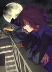  1boy bangs bird building closed_mouth clouds commentary_request crossed_arms from_side highres jacket male_focus moon murkrow night outdoors paul_(pokemon) pokemon pokemon_(anime) pokemon_(creature) pokemon_dppt_(anime) purple_hair purple_jacket short_hair sky smrs_ss 