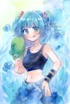  1girl 2zuz4hru :q air_bubble artist_name bangs bare_shoulders blue_eyes blue_hair blue_tank_top blush bubble clothes_around_waist collarbone commentary_request cowboy_shot flat_cap green_eyes green_headwear hair_bobbles hair_ornament hand_on_hip hand_up hat headwear_removed holding holding_clothes holding_hat kawashiro_nitori looking_at_viewer midriff multicolored_eyes navel painting_(medium) partial_commentary shirt shirt_removed short_hair single_bracer smile solo stomach tank_top tied_shirt tongue tongue_out touhou traditional_media twitter_username two_side_up watercolor_(medium) watermark 