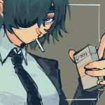  1girl bangs black_hair black_jacket black_necktie breasts brown_background chainsaw_man cigarette cigarette_pack collared_shirt eyepatch formal green_eyes hair_over_one_eye highres himeno_(chainsaw_man) holding_cigarette_pack jacket large_breasts liowig looking_at_viewer necktie shirt short_hair simple_background solo suit white_shirt 