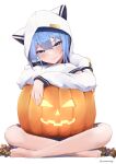  1girl absurdres animal_hood arm_rest barefoot blue_eyes blue_hair blush candy closed_mouth commentary crossed_legs dot_nose food full_body halloween highres hololive hood hoodie hoshimachi_suisei indian_style jack-o&#039;-lantern light_smile long_sleeves looking_at_viewer pumpkin simple_background sitting solo star_(symbol) star_in_eye symbol_in_eye twitter_username virtual_youtuber white_background white_hoodie yumenoakagi 