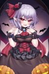  1girl :d alternate_costume bangs bare_shoulders bat_(animal) bat_wings black_dress black_headwear breasts dress fang flower hair_ribbon highres jack-o&#039;-lantern large_breasts looking_at_viewer open_mouth pointy_ears purple_hair red_flower red_ribbon red_rose remilia_scarlet ribbon rose s_vileblood short_hair skin_fang smile solo touhou wings wrist_cuffs 