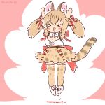  1girl animal_costume animal_ear_fluff animal_ears belt bow bowtie brown_hair cat_ears cat_girl cat_tail coroha extra_ears jumping kemono_friends kemono_friends_v_project kneehighs large-spotted_genet_(kemono_friends) long_hair microphone ribbon shoes simple_background skirt socks solo suspenders tail twintails virtual_youtuber 