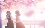  2girls backlighting black_hair blurry bokeh brown_eyes cherry_blossoms depth_of_field fence furai highres looking_at_another medium_hair multiple_girls original ribbon school_uniform smile spring_(season) tree wind 