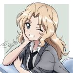  1girl black_necktie blonde_hair blue_eyes blush bukkuri dated girls_und_panzer grin highres kay_(girls_und_panzer) long_hair looking_at_viewer necktie one_eye_closed saunders_school_uniform school_uniform shiny shiny_hair sitting smile solo 