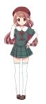  1girl bangs beret blush brown_footwear brown_hair brown_headwear brown_ribbon buttons dot_nose full_body green_shirt green_skirt hairstyle_request hand_on_hip hand_up hat jewelry layered_sleeves loafers long_hair long_sleeves looking_at_viewer magia_record:_mahou_shoujo_madoka_magica_gaiden mahou_shoujo_madoka_magica miniskirt neck_ribbon one_side_up pigeon-toed plaid plaid_skirt pleated_skirt pocket puffy_short_sleeves puffy_sleeves ribbon ring ruru_(rurumagi) satomi_touka school_uniform shirt shoes short_over_long_sleeves short_sleeves sidelocks simple_background skirt smile solo split_mouth st._liliana&#039;s_academy_school_uniform standing swept_bangs thigh-highs transparent_background very_long_hair white_sleeves white_thighhighs wing_collar 