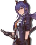  1girl arknights bangs black_gloves black_jacket ch&#039;en_(arknights) closed_mouth dragon_horns gloves grey_background highres holding holding_sword holding_weapon horns jacket long_hair looking_at_viewer low_ponytail necktie open_clothes open_shirt orange_necktie purple_hair red_eyes shijiubashuazi shirt sidelocks simple_background solo sword twintails weapon white_shirt 