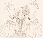  1girl ^_^ ^o^ animal_on_head arms_up bangs bird bird_on_head bird_wings blush chick clenched_hands closed_eyes cropped_jacket dot_nose facing_viewer feathered_wings film_grain greyscale hair_behind_ear hair_between_eyes happy hatching_(texture) itomugi-kun linear_hatching long_sleeves monochrome neckerchief niwatari_kutaka on_head open_mouth polka_dot puffy_long_sleeves puffy_sleeves ribbon_trim sepia sepia_background short_hair simple_background sketch sleeve_garter smile solo touhou upper_body wings 