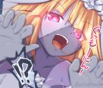  !? 1girl blonde_hair blurry bridal_veil brooklyn_(kancolle) colored_skin depth_of_field grey_skin kantai_collection long_hair looking_at_viewer miso_granola_9 official_alternate_costume open_mouth patchwork_skin red_eyes solo teeth upper_body upper_teeth veil zombie 