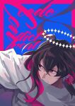  1boy armor bangs black_hair blue_background border clenched_teeth cloak constantine_xi_(fate) cover cover_page cowlick crossed_bangs doujin_cover earrings english_text fate/grand_order fate_(series) hair_between_eyes halo jewelry long_hair looking_to_the_side male_focus outside_border pink_border royst serious simple_background solo teeth upper_body violet_eyes white_armor white_cloak 
