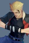  1boy belt black_gloves blonde_hair blue_eyes clenched_hands cropped_jacket facial_tattoo final_fantasy final_fantasy_viii gloves highres jacket nini_tw99 open_mouth short_sleeves simple_background smirk solo spiky_hair tattoo upper_body zell_dincht 