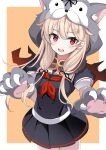  1girl absurdres animal_ears animal_hands black_serafuku black_skirt blonde_hair blush cowboy_shot fathom gloves grey_gloves hair_ornament hairclip halloween halloween_costume highres kantai_collection long_hair neckerchief open_mouth paw_gloves pleated_skirt red_eyes red_neckerchief school_uniform serafuku short_sleeves skirt smile solo wolf_ears wolf_paws yuudachi_(kancolle) yuudachi_kai_ni_(kancolle) 