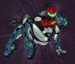  1girl alex_ahad arm_cannon armor ass breasts glowing helmet looking_at_viewer metroid metroid_dread power_armor power_suit samus_aran science_fiction simple_background solo weapon 