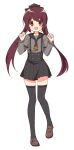  1girl :d amane_tsukasa bangs black_necktie black_ribbon black_sailor_collar black_skirt black_thighhighs blush brown_eyes brown_footwear brown_hair buttons clenched_hands dot_nose full_body grey_shirt hair_ribbon hands_up koushou_academy_school_uniform layered_sleeves leg_lift loafers long_sleeves looking_at_viewer magia_record:_mahou_shoujo_madoka_magica_gaiden mahou_shoujo_madoka_magica miniskirt necktie open_mouth pleated_skirt ribbon ruru_(rurumagi) sailor_collar school_uniform serafuku shirt shoes short_necktie short_over_long_sleeves short_sleeves sidelocks simple_background skirt smile solo split_ponytail suspender_skirt suspenders swept_bangs thigh-highs transparent_background 