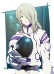  1boy amemiya_reiji blonde_hair blue_eyes cota gloves hair_over_one_eye headwear_removed helmet helmet_removed indoors long_hair long_sleeves looking_at_viewer male_focus megaton_musashi solo standing white_gloves 