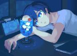 1boy animated animated_gif blinking blue_eyes blue_hair book bubble cherry desk drink food fruit ice ice_cube looking_at_object lying open_mouth original pixel_art shirt toyoi_yuuta white_shirt 