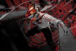  1boy black_necktie black_pants blood blood_on_clothes blood_on_weapon chainsaw chainsaw_man collared_shirt debris denji_(chainsaw_man) erotipop glowing glowing_eyes highres hybrid midair monochrome necktie pants red_background sharp_teeth shirt solo spot_color teeth weapon white_shirt 