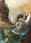  1girl absurdres arm_cannon arm_up bird_wings black_hair black_wings bow buttons cape control_rod frilled_skirt frills green_bow green_skirt gu_hu highres index_finger_raised long_hair multiple_girls pointing pointing_up red_eyes reiuji_utsuho shirt short_sleeves skirt smile solo third_eye touhou weapon white_cape white_shirt wings 