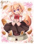 1girl animal_ears baguette bangs black_pantyhose black_skirt bow bowl bowtie bread brown_hair commentary_request dog_ears dog_tail dress_shirt fang floating food frilled_sleeves frills full_moon gochuumon_wa_usagi_desu_ka? hair_ornament hairclip highres hoto_cocoa kemonomimi_mode legs_up long_sleeves looking_at_viewer medium_hair medium_skirt moon neru_(neruneruru) open_mouth outline pantyhose partial_commentary paw_pose pet_bowl pink_vest red_bow red_bowtie shirt skin_fang skirt smile solo tail vest violet_eyes white_outline white_shirt wing_collar 