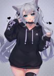  1girl :o absurdres animal_ear_fluff animal_ears bangs black_collar black_hoodie black_thighhighs blue_eyes bow cat_ears collar collarbone drawstring ear_piercing grey_background grey_hair hands_up heart highres hinata_(user_rjkt4745) hood hood_down hoodie jewelry long_hair long_sleeves looking_at_viewer nail_polish original parted_lips piercing polka_dot polka_dot_background puffy_long_sleeves puffy_sleeves purple_bow purple_nails ring simple_background skindentation solo thigh-highs twintails very_long_hair 