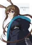  1girl absurdres amiya_(arknights) animal_ear_fluff animal_ears arknights bangs black_jacket blue_eyes brown_hair closed_mouth commentary_request copyright_name grey_background hair_between_eyes highres hood hood_down hooded_jacket jacket long_hair low_ponytail oshimaidebu ponytail rabbit_ears sidelocks smile solo two-tone_background very_long_hair white_background 