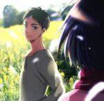  1boy 1girl black_hair blurry blurry_foreground brown_eyes brown_hair eren_yeager falling_petals field flower flower_field grey_shirt jacket kogatta_em light_smile long_sleeves looking_at_another mikasa_ackerman outdoors petals pink_jacket red_scarf scarf shingeki_no_kyojin shirt short_hair twitter_username upper_body 