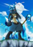  absurdres bird closed_mouth clouds commentary_request crystal day from_below highres holding holding_staff kaichi_(tomiyu25) lucario mew outdoors pidgey pokemon pokemon_(creature) red_eyes signature sky staff 