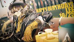  1boy arknights arms_up bangs belt black_coat black_hair black_headwear blonde_hair box character_name closed_mouth coat confetti couch cup dated gift gift_box glasses gloves hair_between_eyes happy_birthday hat head_fins holding holding_cup kiri_(pyonta) lee_(arknights) long_hair long_sleeves looking_at_viewer monster_boy on_couch open_clothes open_coat rhodes_island_logo rimless_eyewear round_eyewear scales sitting smile solo yellow_gloves 