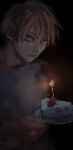  1boy black_background blonde_hair cake cake_slice candle chainsaw_man dark_background denji_(chainsaw_man) fire food fruit grey_shirt highres holding holding_plate looking_at_viewer nakano_(2_mannaka) plate shirt short_hair simple_background solo strawberry strawberry_shortcake yellow_eyes 