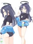  1girl black_buruma black_shirt blue_archive blue_buruma blue_jacket bottle buruma gym_uniform halo highres id_card jacket jacket_partially_removed looking_at_viewer multiple_views official_alternate_costume partially_unzipped ponytail purple_hair shino_mera shirt solo sportswear star_(symbol) star_sticker sticker sticker_on_face track_jacket violet_eyes water_bottle yuuka_(blue_archive) yuuka_(gym_uniform)_(blue_archive) 