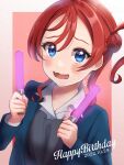  1girl absurdres bangs birthday blue_eyes blush commentary dated english_text glowstick hair_bun happy_birthday highres holding_glowstick kyaku_tatsu looking_at_viewer love_live! love_live!_superstar!! pink_background redhead school_uniform signature single_side_bun solo upper_body yoneme_mei yuigaoka_school_uniform 