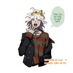  1boy artist_name banana_peel bangs black_jacket blush chain closed_eyes collar cropped_torso danganronpa_(series) danganronpa_another_episode:_ultra_despair_girls derivative_work english_text facing_viewer food food_on_head green_sweater grey_hair jacket komaeda_nagito male_focus metal_collar mittens object_on_head off_shoulder open_clothes open_jacket red_sweater rengy_(rerengy) saliva servant_(danganronpa) simple_background speech_bubble striped striped_sweater sweater teeth upper_teeth white_background yawning 
