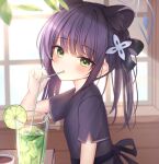  1girl absurdres animal_ears bangs black_hair blue_archive blunt_bangs blurry blush bow chinese_clothes coffee coffee_mug commentary_request cup depth_of_field drink drinking_glass drinking_straw drinking_straw_in_mouth extra_ears eyes_visible_through_hair food from_side fruit green_eyes hair_bow hair_ornament hair_ribbon halo head_tilt highres holding holding_drinking_straw lemon long_hair looking_at_viewer looking_to_the_side mug pu_lona ribbon short_sleeves shun_(blue_archive) shun_(small)_(blue_archive) sidelocks solo sunlight tiger_ears tiger_girl twintails window 