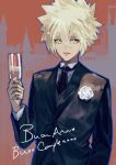  1boy :d alcohol black_jacket black_necktie blonde_hair boutonniere building cezaria champagne champagne_flute cup drinking_glass flower formal giotto_(reborn) grey_vest hair_between_eyes highres holding holding_cup italian_text jacket katekyo_hitman_reborn lapels looking_at_viewer male_focus necktie orange_background orange_eyes rose shawl_lapels shirt short_hair smile solo spiky_hair upper_body vest white_flower white_rose white_shirt 