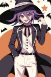  1boy alternate_costume animal bangs bat_(animal) belt black_belt black_coat black_headwear black_shirt bow bowtie coat collared_shirt cowboy_shot danganronpa_(series) danganronpa_v3:_killing_harmony fang flipped_hair hair_between_eyes hand_up hat highres long_sleeves male_focus medium_hair open_clothes open_coat orange_background ouma_kokichi pants pink_hair shirt smile star_(symbol) teeth tongue two-tone_shirt upper_teeth urami0310 vest white_background white_pants white_shirt white_vest witch_hat 