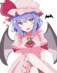  1girl :d ascot bangs bat_(animal) bat_wings bright_pupils crossed_legs hat hat_ribbon heart highres looking_at_viewer mob_cap mokoo43451177 open_mouth pink_headwear purple_hair red_ascot red_eyes red_ribbon remilia_scarlet ribbon ribbon-trimmed_skirt ribbon_trim short_hair short_sleeves simple_background sitting smile solo touhou white_background white_pupils wings 
