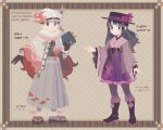  1boy 1girl akari_(pokemon) alternate_costume bangs boots buttons character_name commentary_request flower full_body gloves hair_ornament hairclip hakama hakama_skirt hat hat_flower high_heel_boots high_heels holding jacket janis_(hainegom) japanese_clothes kimono long_hair long_sleeves open_clothes open_jacket pokemon pokemon_(game) pokemon_legends:_arceus purple_flower rei_(pokemon) sandals sidelocks skirt standing translation_request wide_sleeves 