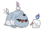  candy_wrapper fire greavard holding jaho litwick motion_lines no_humans open_mouth pokemon pokemon_(creature) purple_fire simple_background smile tail tail_wagging tongue white_background yellow_eyes 