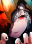  1girl absurdres bangs black_nails blurry blurry_foreground close-up costume fang grey_hair halloween highres light long_hair looking_at_viewer multicolored_clothes multicolored_headwear ojay_tkym open_mouth original paw_pose portrait red_eyes sidelocks signature smile solo 