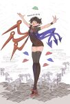  1girl asymmetrical_wings black_dress black_hair closed_eyes dress full_body highres houjuu_nue novadada outstretched_arms red_footwear shoes short_dress short_hair short_sleeves solo standing thigh-highs touhou translation_request ufo wings zettai_ryouiki 