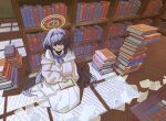  1girl black_hair blue_archive blue_eyes blue_neckerchief book bookshelf cardigan english_commentary from_above hairband halo highres holding holding_book indoors jewelry jitome library long_skirt long_sleeves looking_at_viewer low_twintails mandrew neckerchief necklace open_book open_mouth pile_of_books pleated_skirt sitting skirt sleeves_past_wrists solo twintails ui_(blue_archive) white_skirt window_shade wooden_floor 