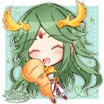 1girl :d ^_^ artist_signature blush carrot chibi closed_eyes commissioner_upload female_solo green_hair kid_icarus_uprising open-mouth_smile open_mouth open_smile oversized_object palutena parted_bangs ro_rukyabetu147 side_slit single_thighhigh skeb_commission sleeveless_dress smile solo solo_female strapless_dress very_long_hair white_dress white_thighhighs