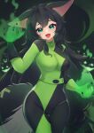  1girl :d absurdres animal_ears animification arm_up asymmetrical_gloves black_bodysuit black_gloves black_hair bodysuit breasts commentary_request commission copyright_request cosplay fox_ears fox_girl fox_tail gloves glowing green_bodysuit green_eyes green_gloves groin highres hinata_(user_rjkt4745) jack-o&#039;-lantern kim_possible long_hair looking_at_viewer medium_breasts mismatched_gloves multicolored_bodysuit multicolored_clothes pixiv_request shego shego_(cosplay) smile solo tail very_long_hair virtual_youtuber 