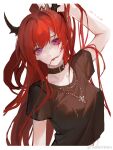  1girl arknights bangs belt_collar breasts collar eyebrows_hidden_by_hair hair_between_eyes hair_in_mouth heisehaidaitang highres horns jewelry long_hair looking_at_viewer mouth_hold necklace pink_hair redhead shirt simple_background solo upper_body white_background 