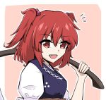  1girl :d erakokyu01 hair_bobbles hair_ornament holding holding_scythe looking_at_viewer onozuka_komachi open_mouth red_eyes redhead scythe short_sleeves simple_background smile solo touhou two_side_up upper_body 