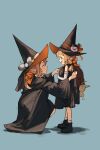  2girls bangs black_dress black_footwear boots dress elbow_gloves genshin_impact gloves halloween hat highres jean_(genshin_impact) klee_(genshin_impact) kneeling long_dress long_sleeves lumiphi multiple_girls open_mouth profile simple_background smile white_gloves witch witch_hat 