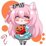  1girl animal_ear_fluff animal_ears argyle argyle_bow asymmetrical_legwear azur_lane bangs black_footwear black_gloves blue_dress blush bow cat_ears chestnut_mouth chibi dress elbow_gloves full_body gloves hair_between_eyes hair_bow hair_ribbon halloween holding jack-o&#039;-lantern kisaragi_(azur_lane) kurukurumagical mismatched_legwear one_side_up pantyhose parted_lips pink_hair puffy_short_sleeves puffy_sleeves red_ribbon ribbon shoes short_sleeves simple_background solo standing violet_eyes white_background 