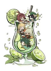  5boys aether_(genshin_impact) armor bangs black_gloves black_hair blonde_hair blue_hair braid chibi closed_eyes cup drinking_straw facial_mark food forehead_mark fruit genshin_impact gloves gradient_hair green_eyes green_headwear grey_hair hair_between_eyes hat highres ice ice_cube japanese_armor japanese_clothes kaedehara_kazuha lime_(fruit) lime_slice long_hair male_focus mint multicolored_hair multiple_boys nbb3 redhead shikanoin_heizou simple_background streaked_hair twitter_username venti_(genshin_impact) white_background xiao_(genshin_impact) 