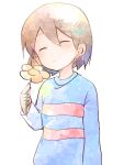  1girl bangs blue_sweater brown_hair closed_eyes closed_mouth flower frisk_(undertale) head_tilt holding holding_flower long_sleeves short_hair simple_background striped striped_sweater sweater undertale upper_body white_background xox_xxxxxx yellow_flower 